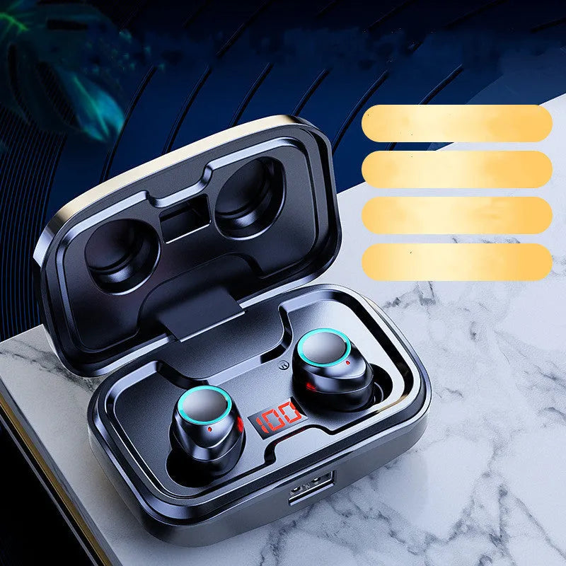 Wireless in-ear earphones with Bluetooth 5.0 in black, blue, and red colour options.
