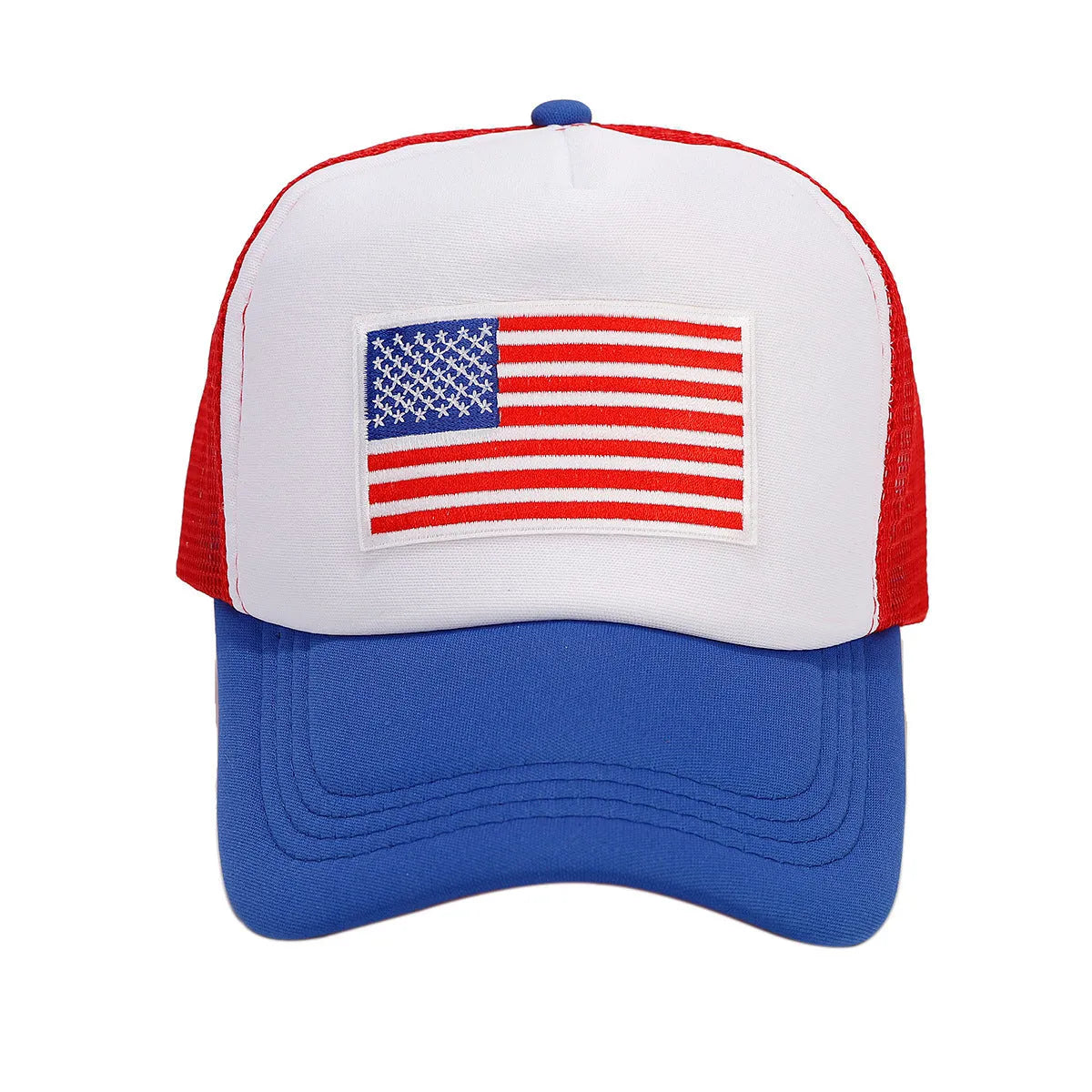 Red and blue mesh cotton baseball cap with adjustable strap and dome crown design