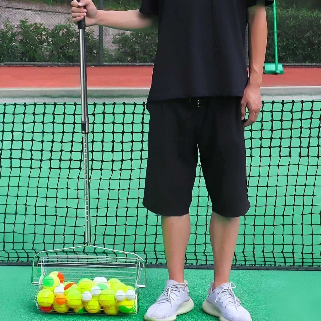 Stainless steel tennis ball roller picker with adjustable head on tennis court