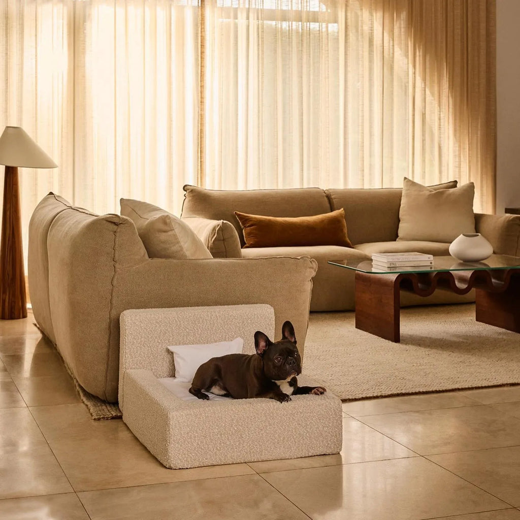 White rectangular dog mat with backrest and sponge filling, size L, on a wooden floor