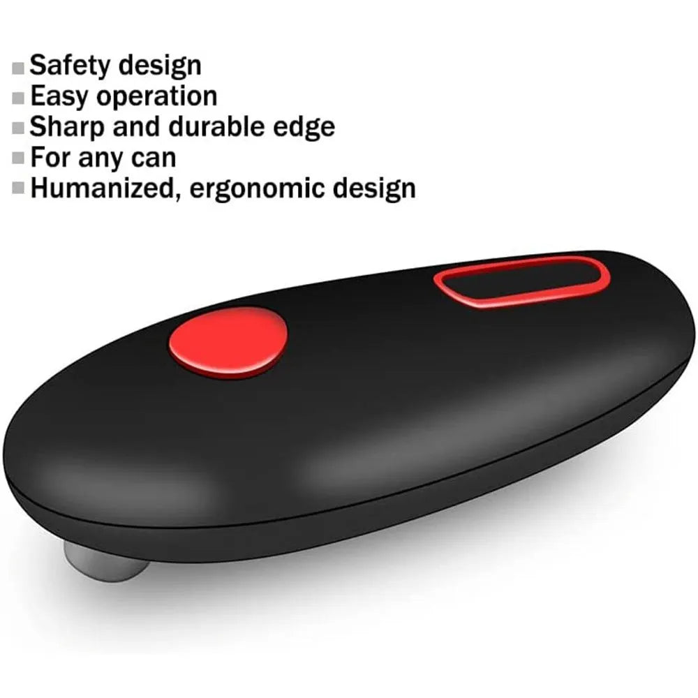 Black plastic electric can opener for one-touch opening of cans, jars, and bottles.