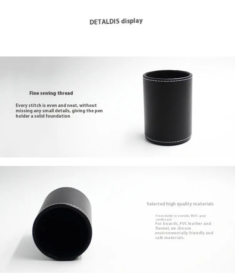 Small round black leather pen holder container showing cylindrical shape and compact dimensions