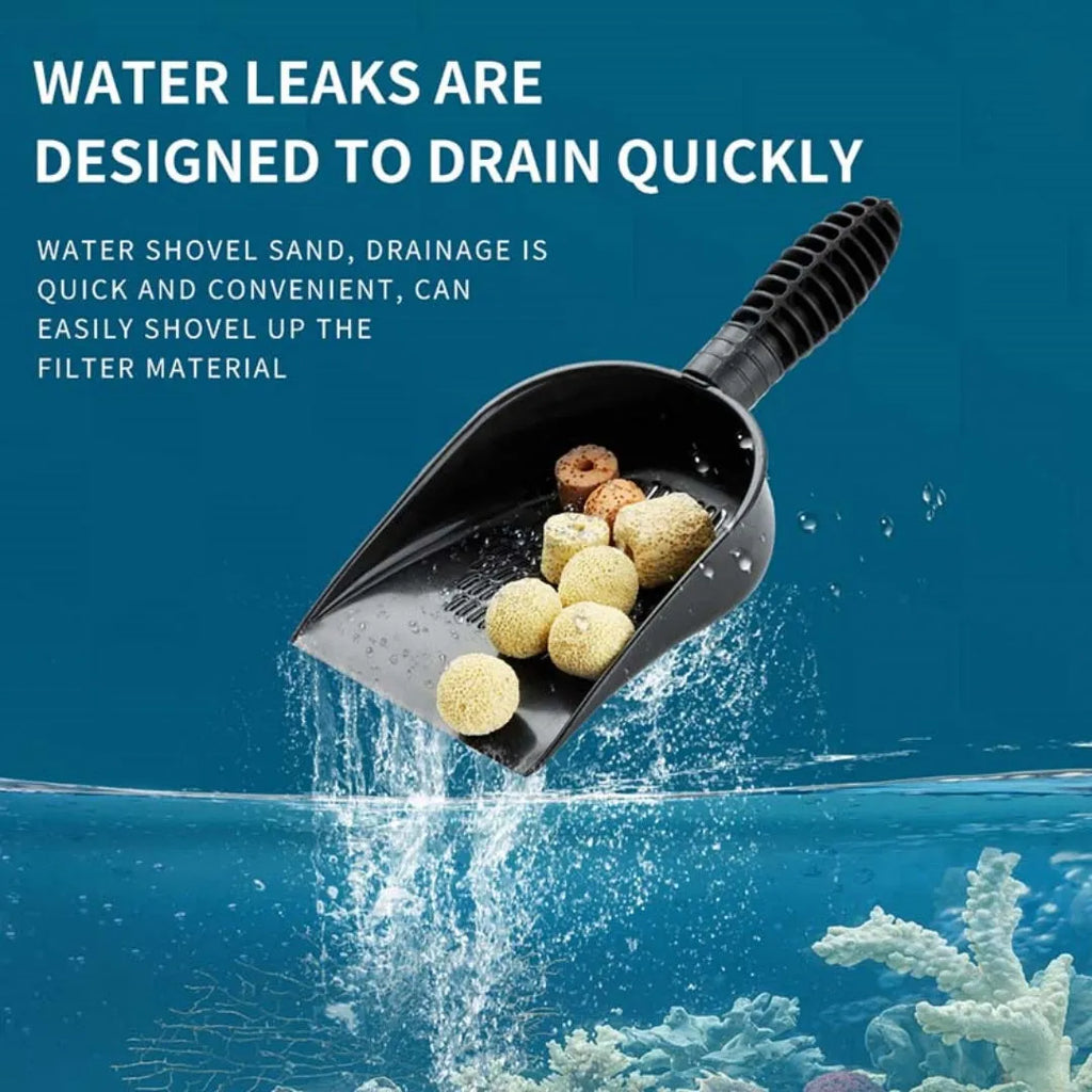 Fish tank multi-purpose sand shovel with removable mounting and quick-drain design, available in long and minimalist options