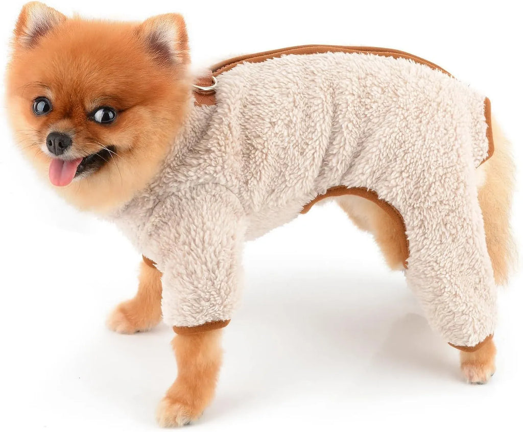 Plush fleece four-leg dog jumpsuit coat with back zipper for small breed winter warmth