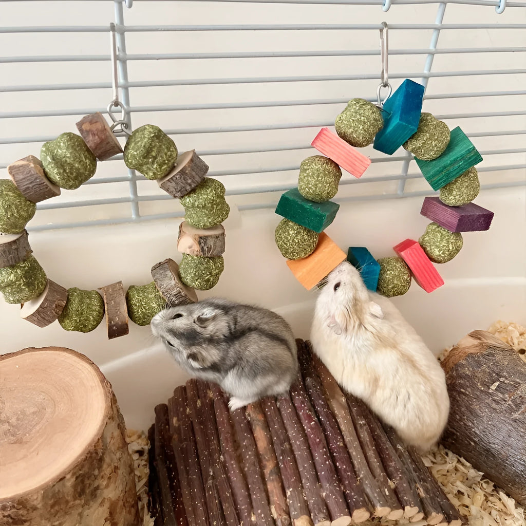 Hamster toy with Totoro-shaped rings, straw balls, and applewood molar rods for small pets