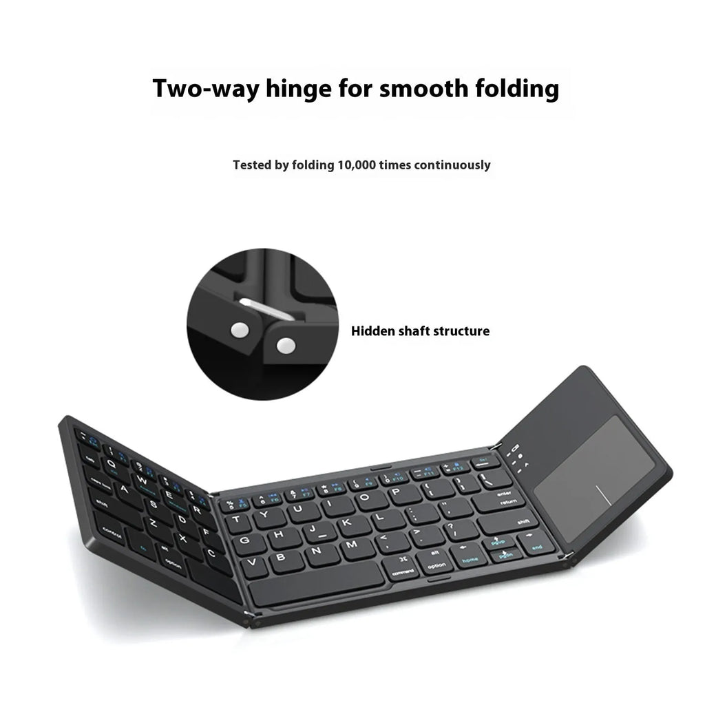 Black tri-fold Bluetooth keyboard showing folded and unfolded positions with thin 0.8cm profile