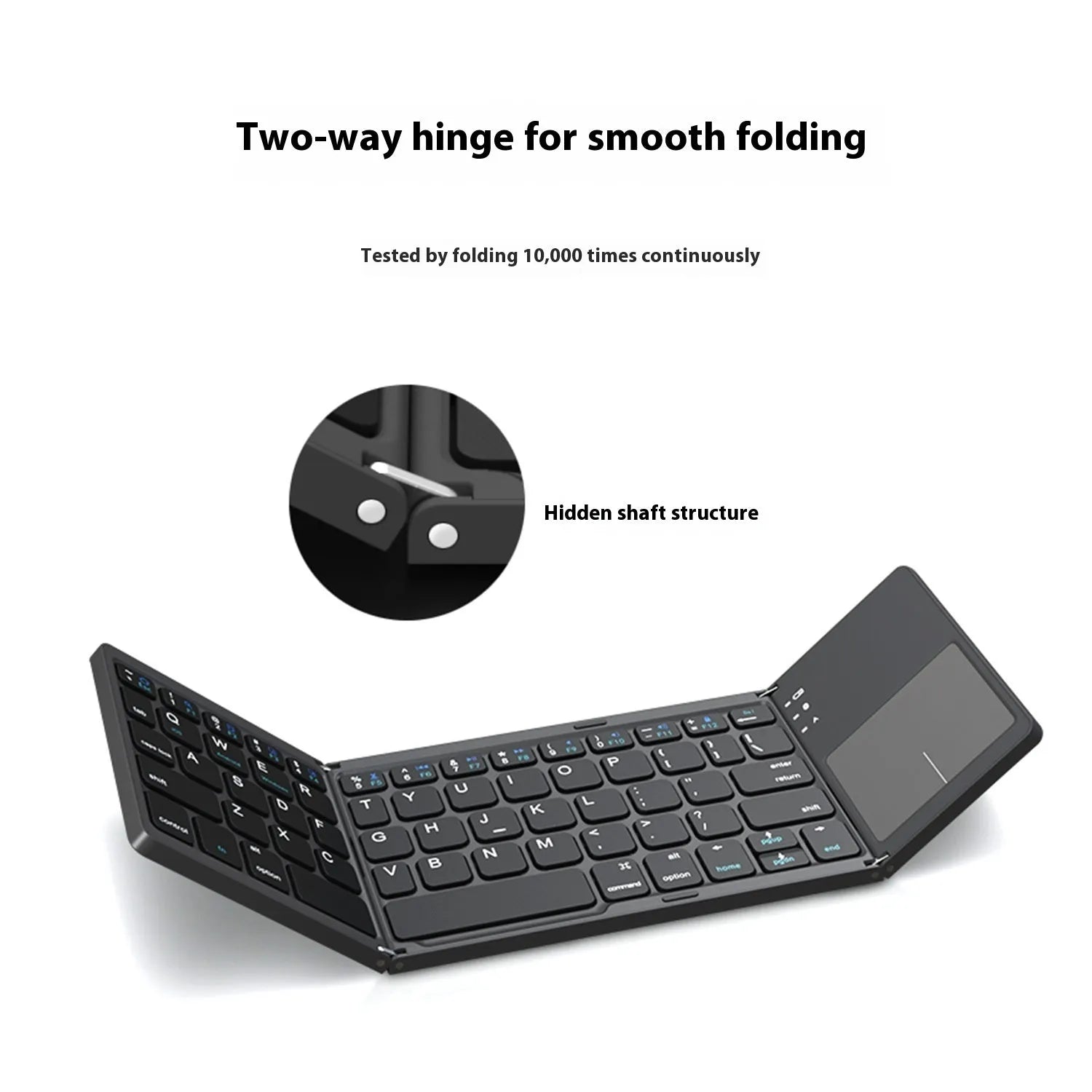Black tri-fold Bluetooth keyboard showing folded and unfolded positions with thin 0.8cm profile