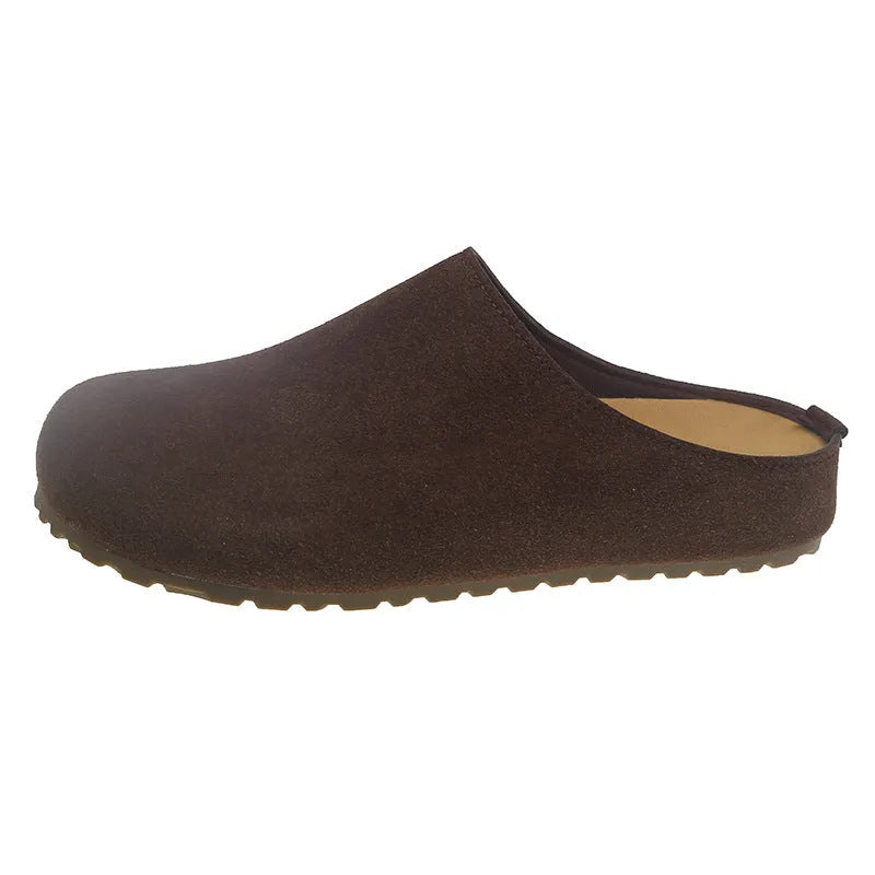 Korean style ugly soft flat outdoor slip-on boken slippers in apricot colour with square toe and PU sole.