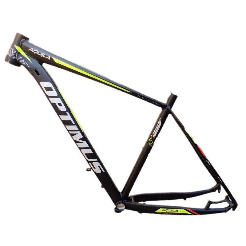 Black Green 29-inch aluminium alloy mountain bike frame showing disc brake mount and internal routing ports.