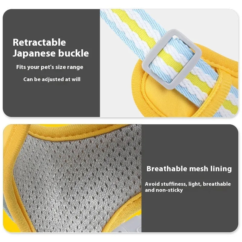 Explosion-proof anti-strangulation dog harness and leash in Oxford cloth, shown in assorted colours.