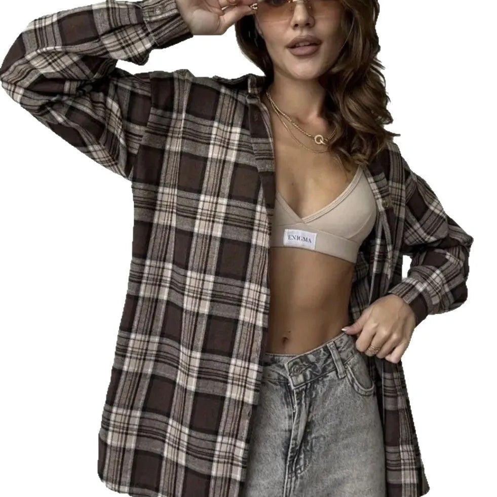 Women's dark brown striped retro shirt with long sleeves and cotton fabric