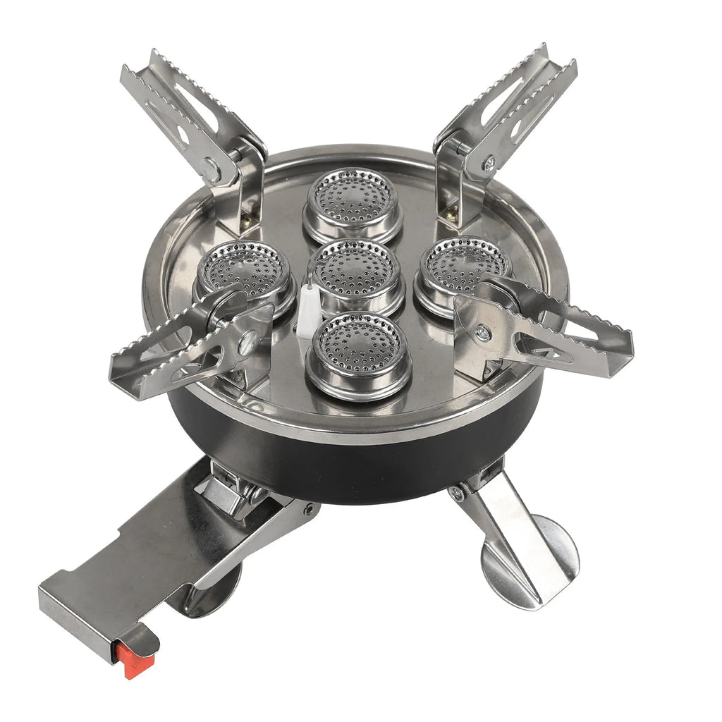 Silver portable split camping stove with stainless steel burner and long hose, shown folded.