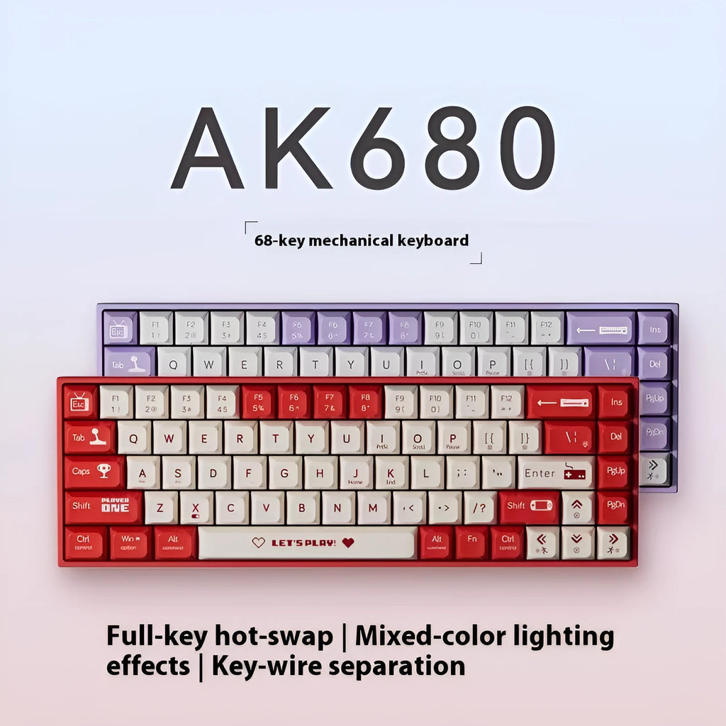 AJAZZ AK680 red and white hot-swappable mechanical gaming keyboard on a desk