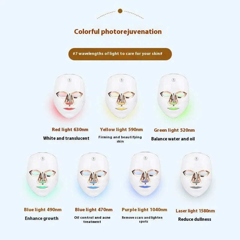 Rechargeable manual touch LED beauty mask in white gold rim, rose gold rim, or black gold rim finish.