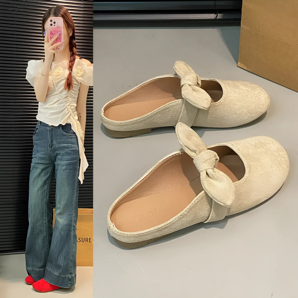 Plus size women's bow toe half slippers in apricot colour with artificial PU upper