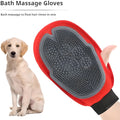 Red pet bathing glove with silicone brush bristles and adjustable strap for grooming dogs and cats