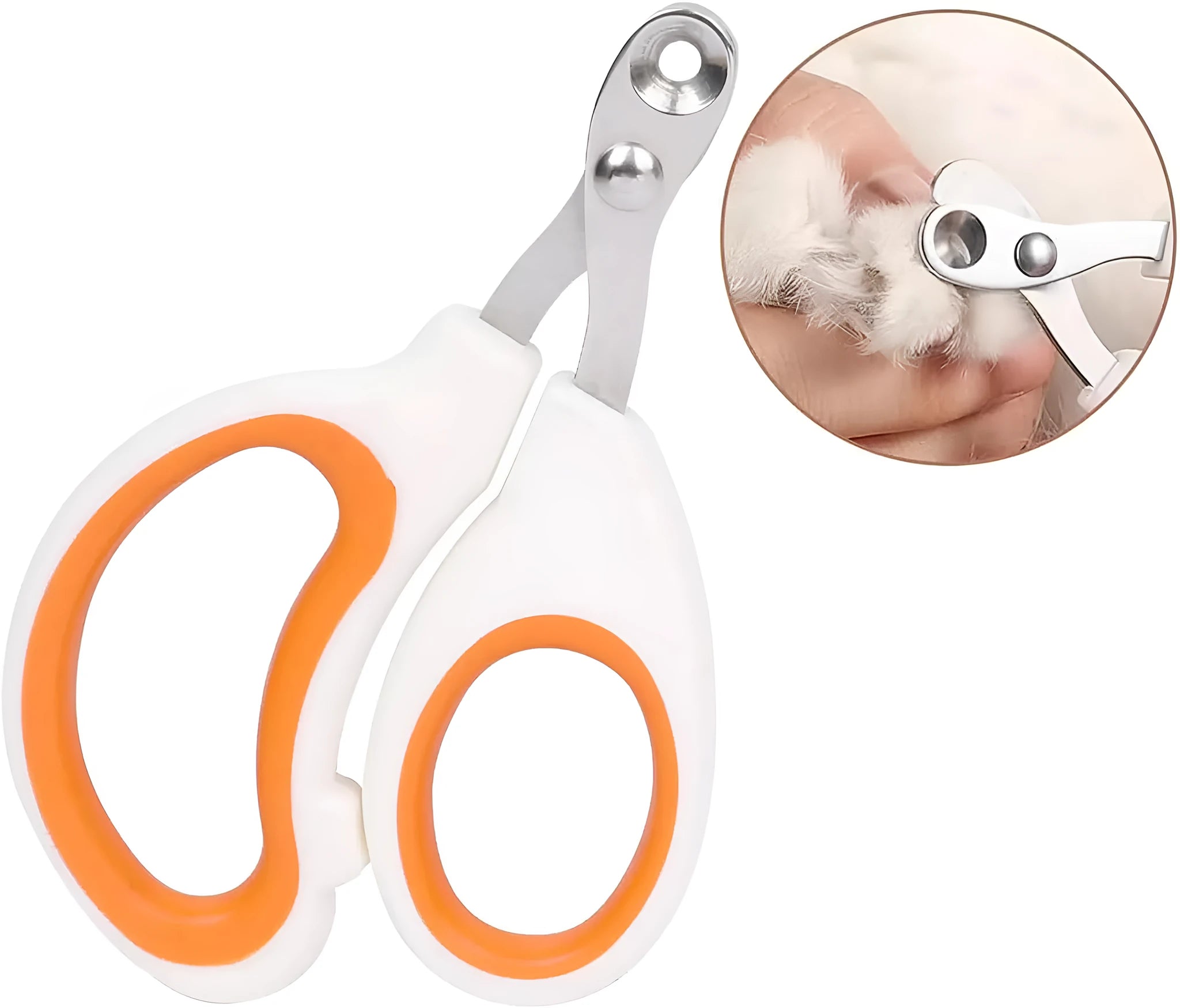 Blue pet nail clippers with a circular guide hole and cushioned handles on a white surface.