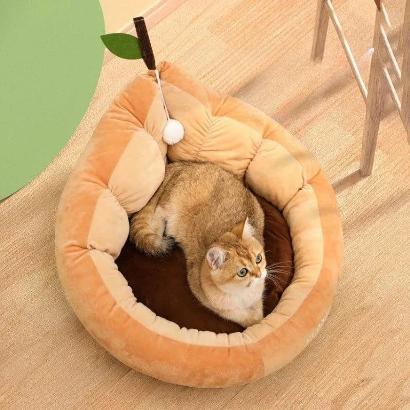 Coffee-coloured cotton pet bed house for a cat, showing plush cushion inside.
