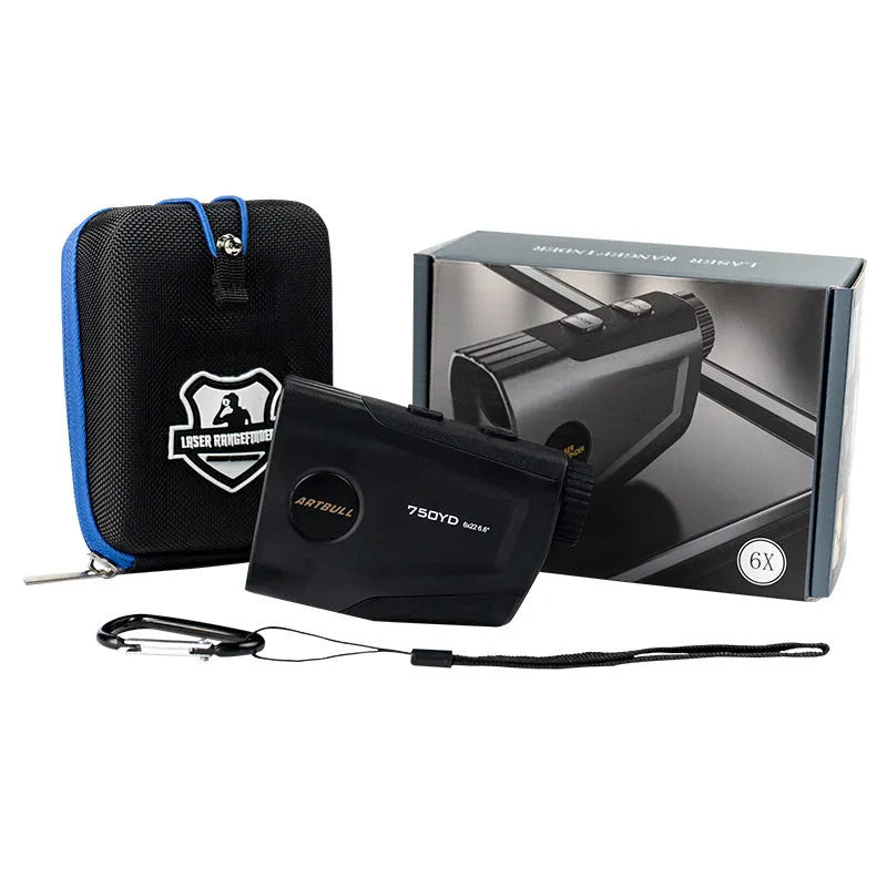 Golf laser rangefinder with LCD display showing distance measurement, USB Type-C charging port visible