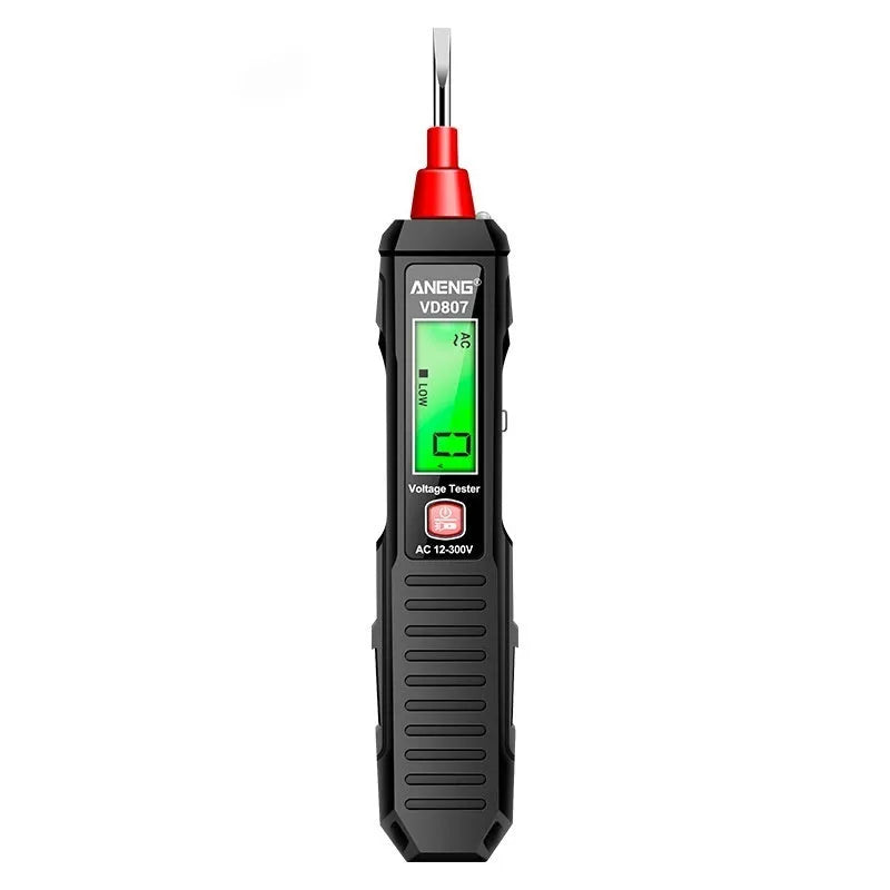 Black and red digital voltage tester pen with LCD display for electrical testing.