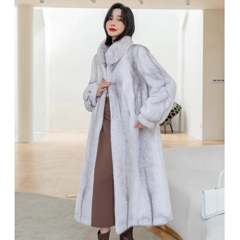 White women's faux fur coat with a stand-up collar and regular sleeves