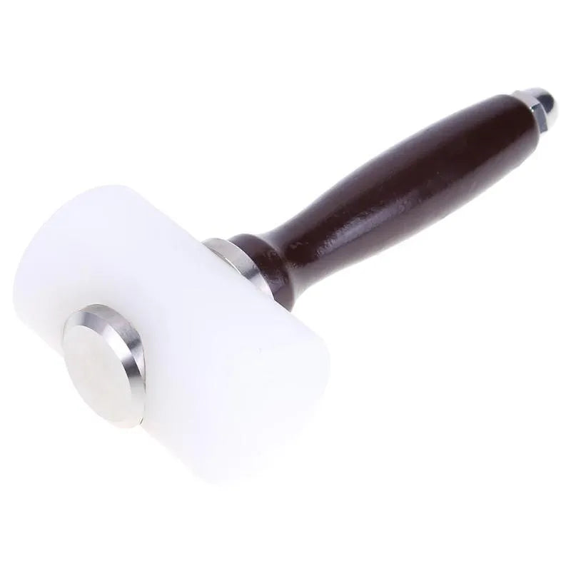 Nylon-headed leather carving hammer with brown wooden handle for punching and engraving leather