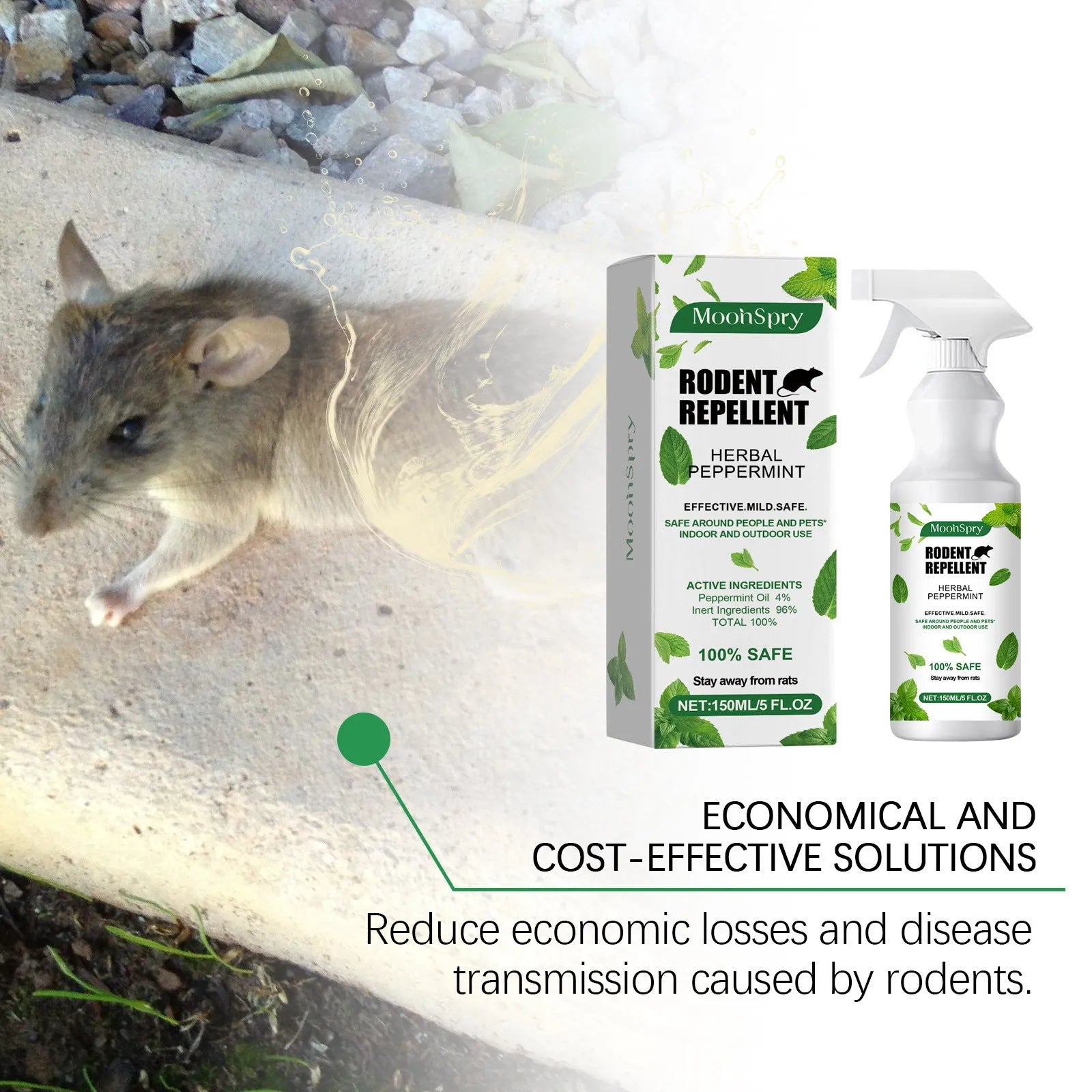 Mint-flavoured rodent repellent spray in 150ml bottle with peppermint and chilli oils