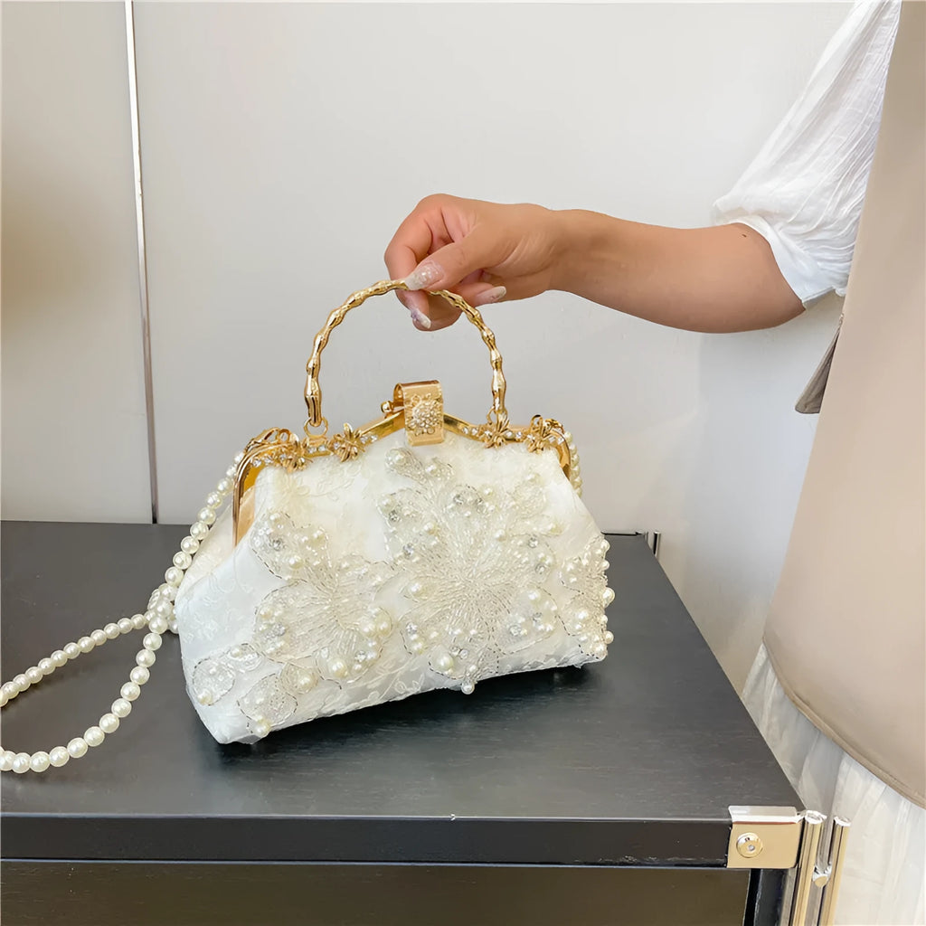 Pearl embroidered polyester handbag in horizontal square shape with double shoulder straps