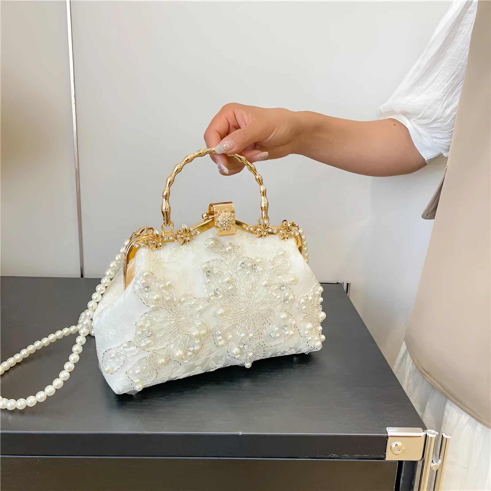 Pearl embroidered polyester handbag in horizontal square shape with double shoulder straps