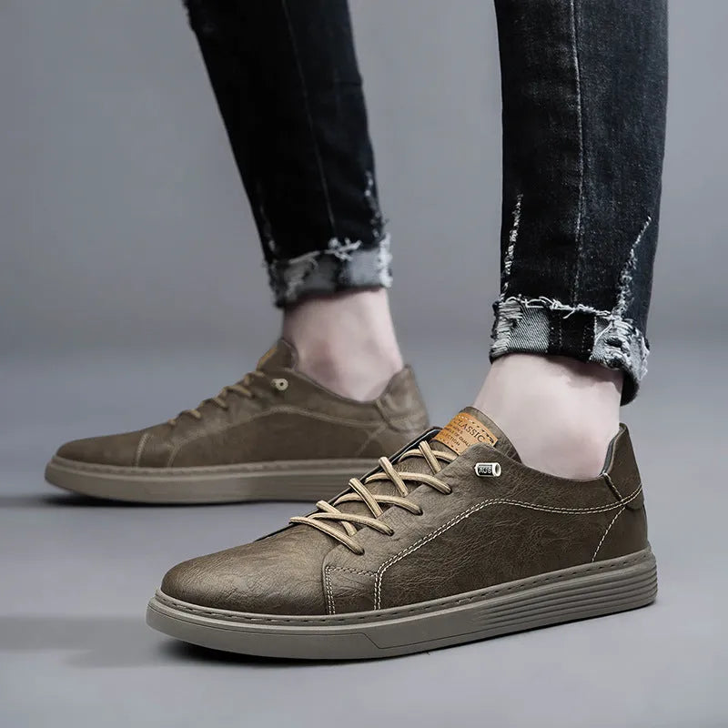 Two-layer cowhide casual sneakers low-top men's shoes in beige with front lace-up and round toe