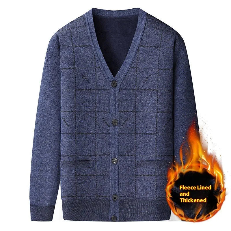 Dark grey men's batwing sleeve cardigan sweater with velvet lining, shown on a hanger.