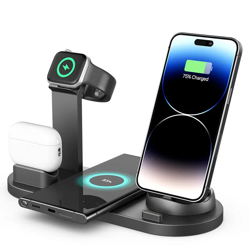 15W wireless charging stand with phone, headset and watch holders in metallic finish