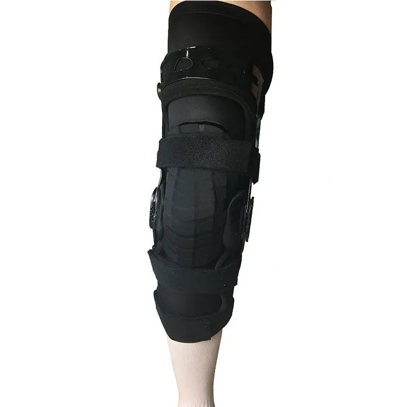 Black knee supporter with metal stabilisers for anterior ligament support in multiple size options