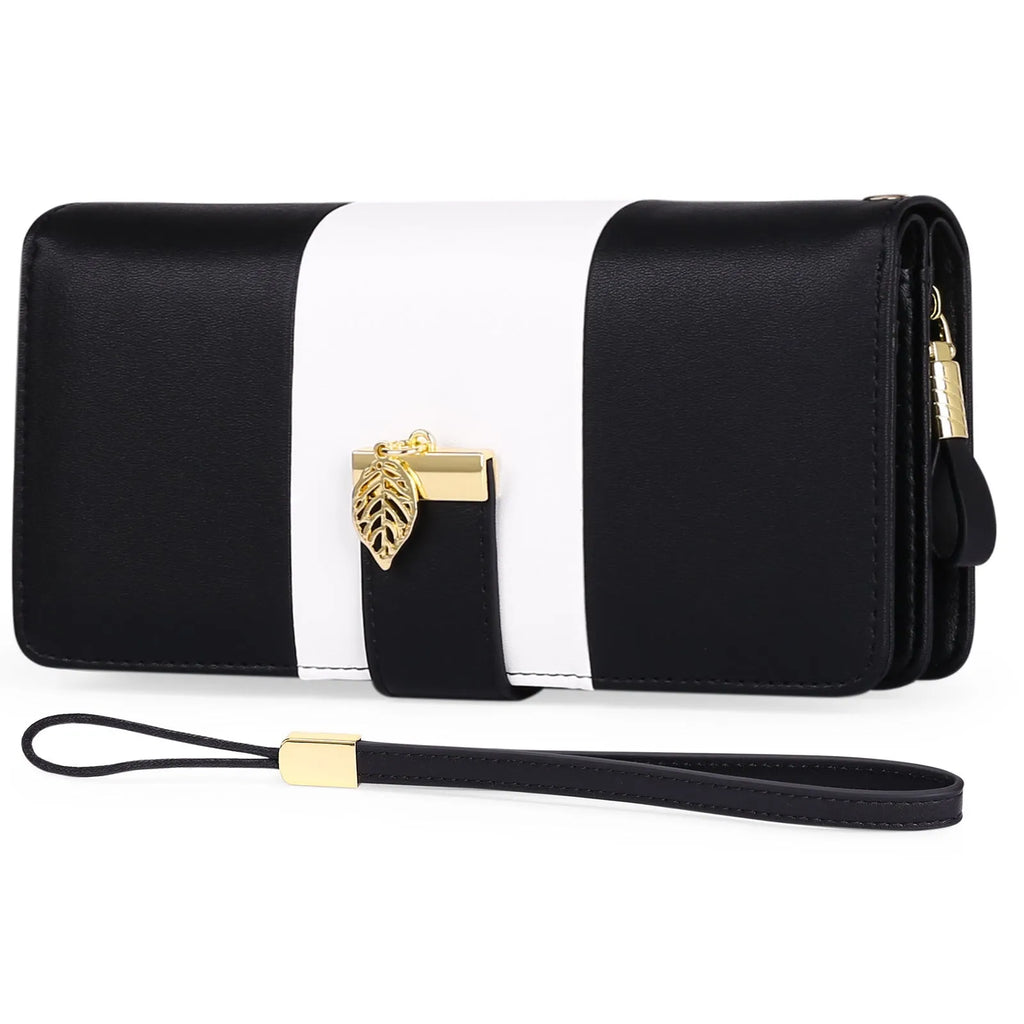 Black anti-theft clutch bag with combination lock showing interior microfiber lining and wallet section.