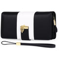 Black anti-theft clutch bag with combination lock showing interior microfiber lining and wallet section.
