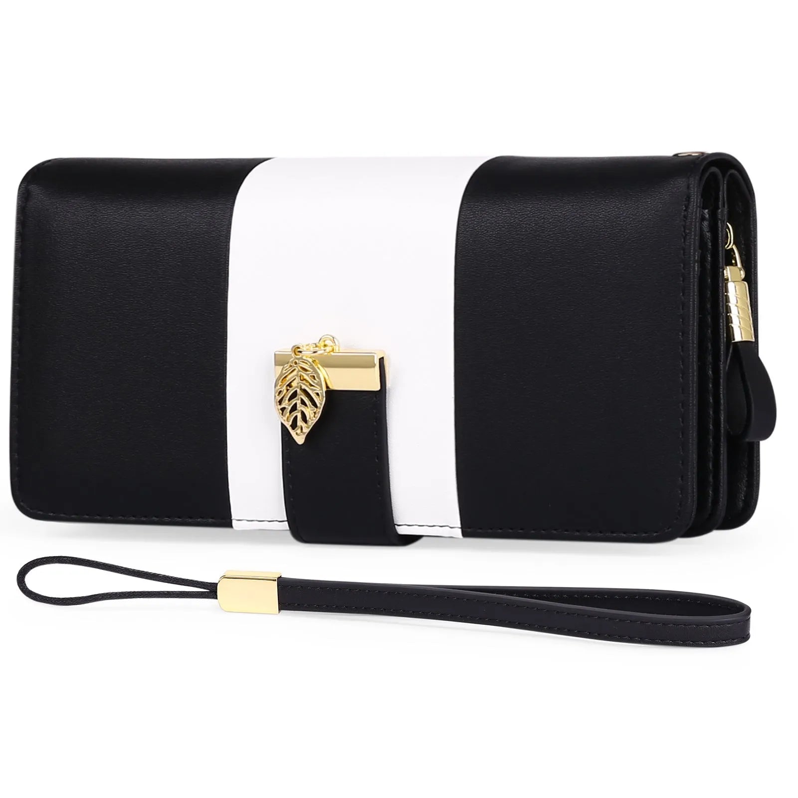 Black anti-theft clutch bag with combination lock showing interior microfiber lining and wallet section.