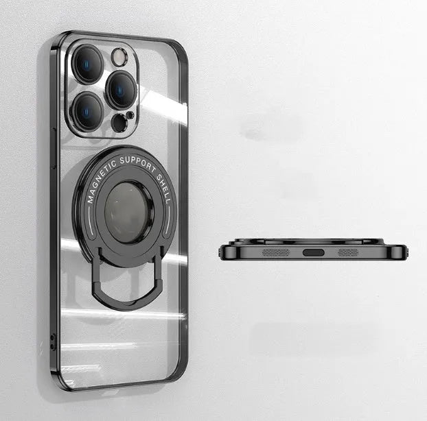 Transparent magnetic iPhone case with integrated pull rod bracket extended, showing dark purple colour and electroplated finish