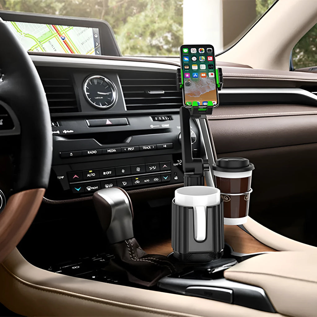 Grey car drink holder and phone support bracket mounted on vehicle centre console
