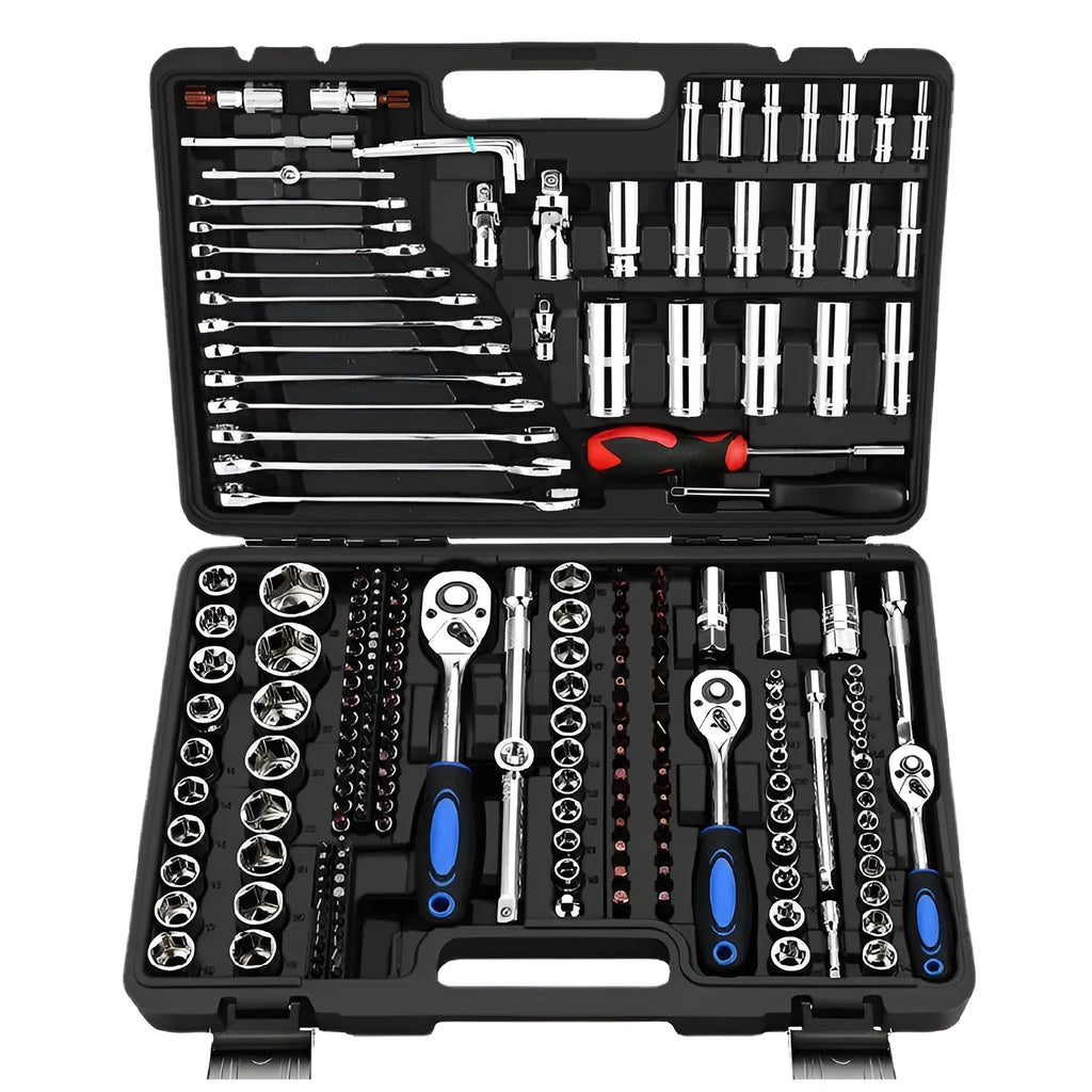 Socket ratchet wrench set with chromium vanadium steel tools and a reversible ratchet handle.