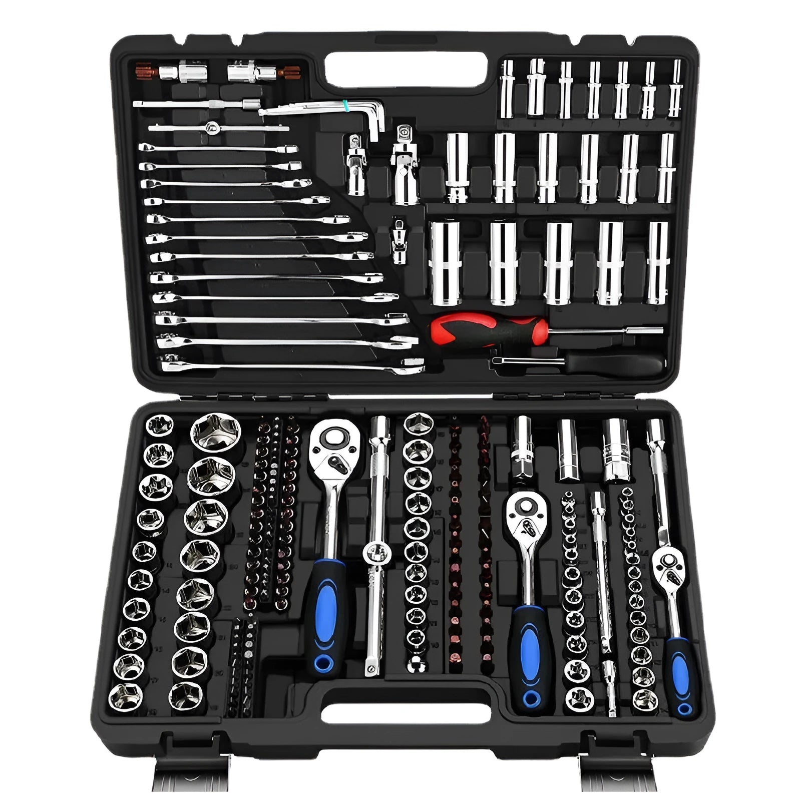 Socket ratchet wrench set with chromium vanadium steel tools and a reversible ratchet handle.