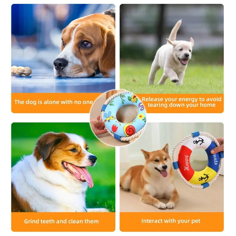 25cm diameter plush dog pull ring toy in yellow fish pattern with squeaker for fetch games