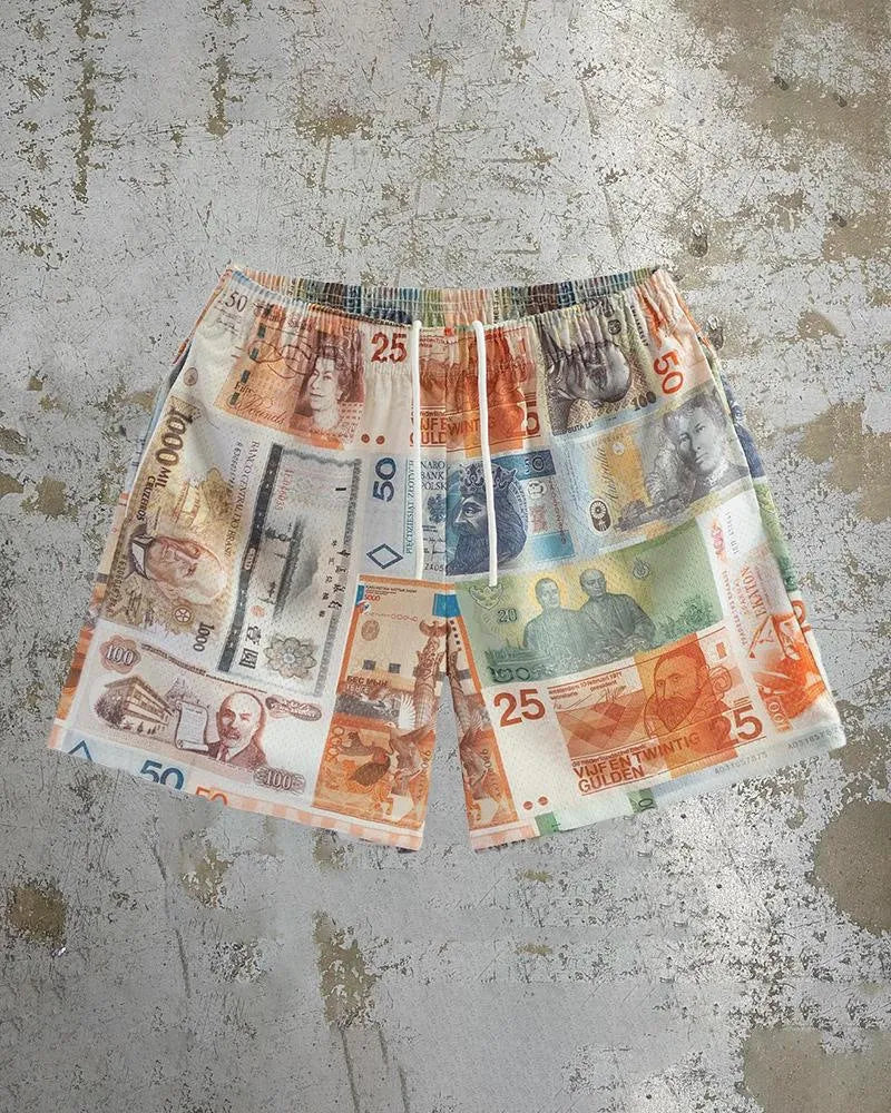 Man wearing loose-fitting digital print beach shorts in a contemporary colour, showing the elastic waistband and quick-dry milk silk fabric.
