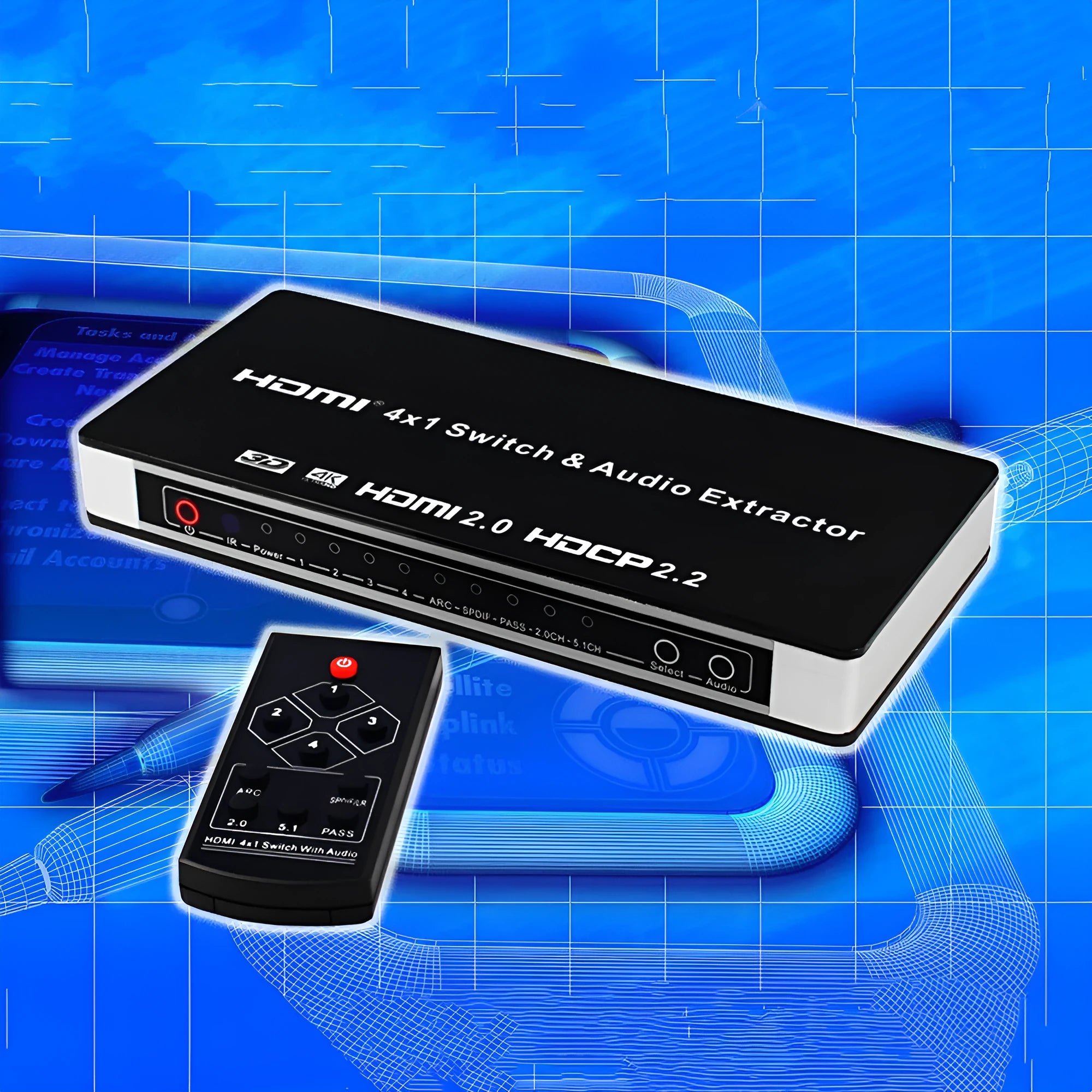 Black HDMI video switch with four input ports, remote control, and 10-metre cable for audio-visual setups