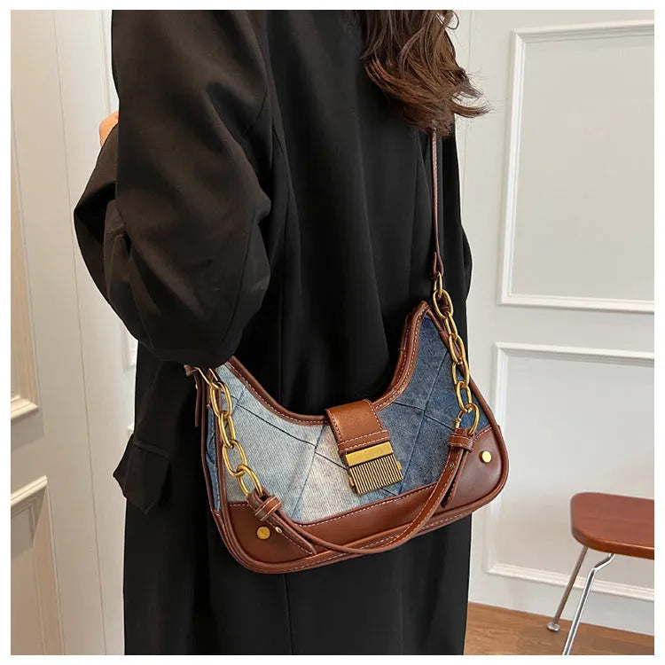 Brown denim women's shoulder bag with diamond mesh detail and bucket design