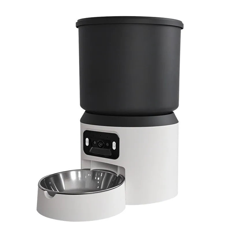 4L smart pet feeder with video camera and choice of stainless steel or plastic bowl on a kitchen floor
