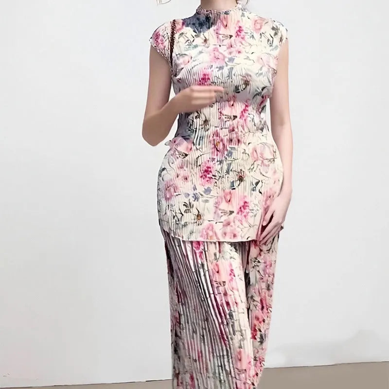 Long sleeve printed chiffon dress set showing separate high-waisted skirt and top.