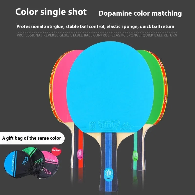 Table tennis racket with protective cover in choice of pink, blue or green colours with long handle shakehand grip