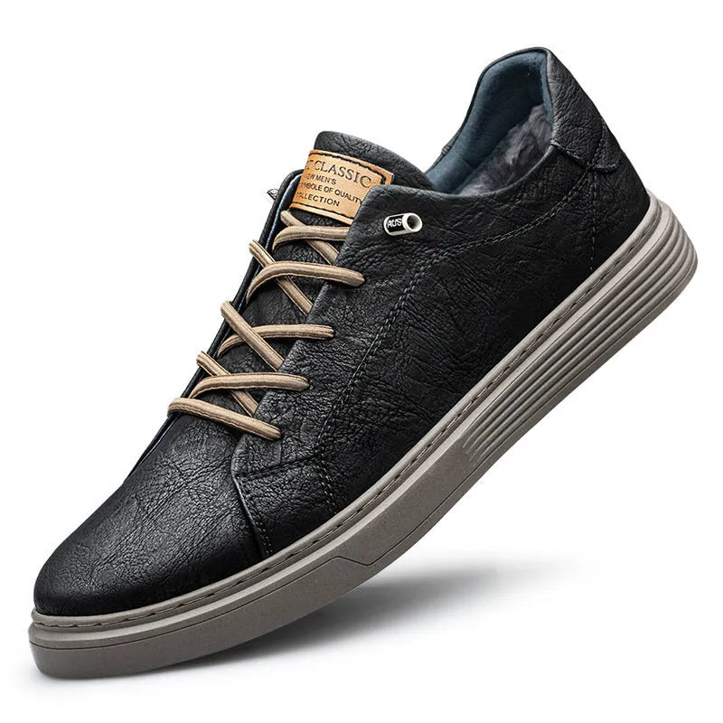 Two-layer cowhide casual sneakers low-top men's shoes in beige with front lace-up and round toe