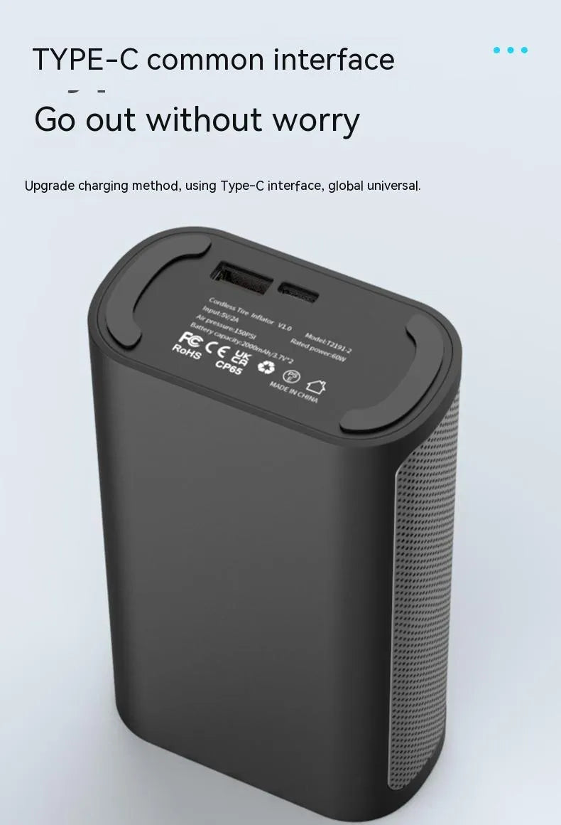 Wireless handheld digital tyre inflator with LCD screen, pressure gauge, and assorted nozzle attachments on a black background.
