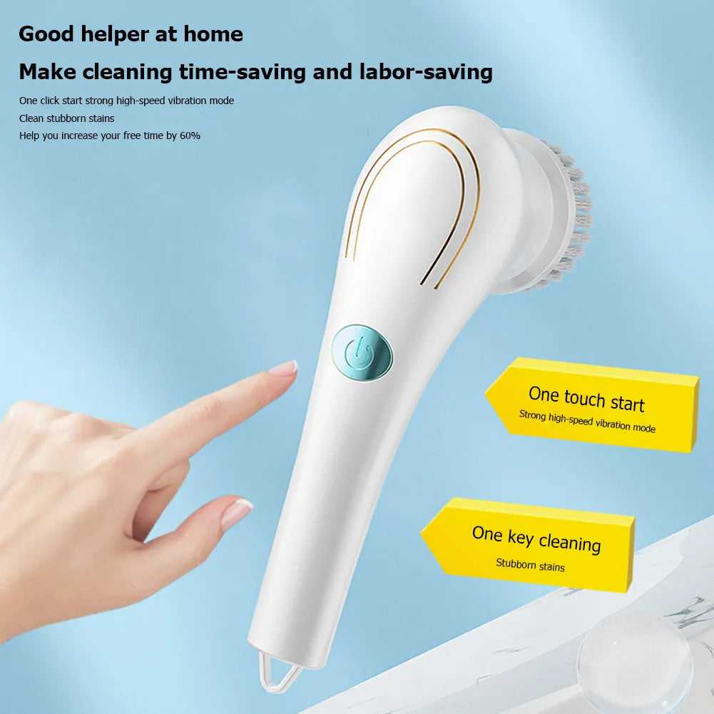 White cordless electric scrubber with five brush heads for household cleaning